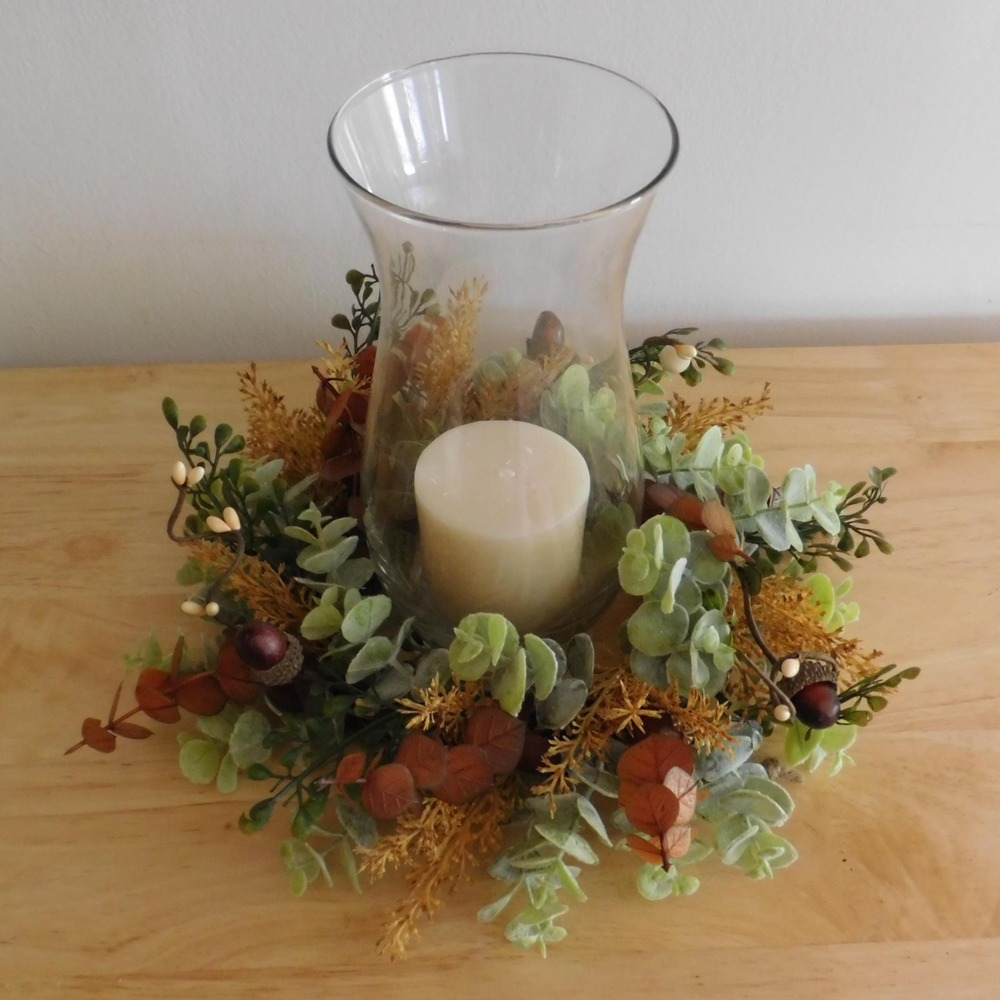 Fall Candle Ring Wreath, Mini Thanksgiving Cabinet Decor, Eucalyptus, acorns